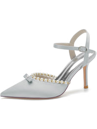 Women's Bow Pointed Toe High Heel Buckle Wedding Party Sandals with Pearls