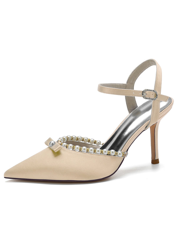 Women's Bow Pointed Toe High Heel Buckle Wedding Party Sandals with Pearls