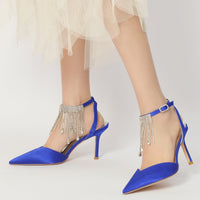 Pointed Toe High Heel Ankle Strap Party Pumps with Rhinestone Fringe