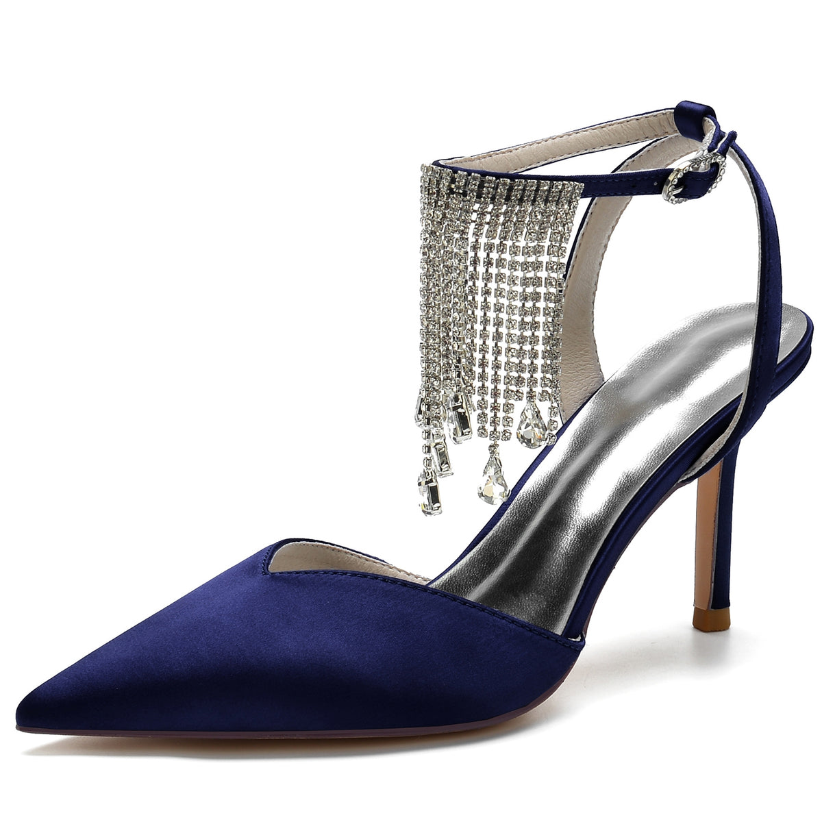 Pointed Toe High Heel Ankle Strap Party Pumps with Rhinestone Fringe