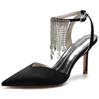 Pointed Toe High Heel Ankle Strap Party Pumps with Rhinestone Fringe