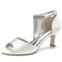 Women's Peep Toe Mid Heel Buckle Party Shoes with Rhinestone Fringe