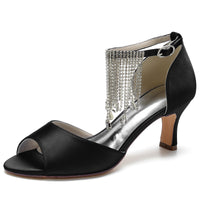 Women's Peep Toe Mid Heel Buckle Party Shoes with Rhinestone Fringe