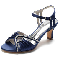 Women's Ruched Peep Toe Kitten Heel Buckle Party Shoes with Rhinestone