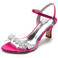 Women's Peep Toe Ankle Strap Mid Heel Wedding Sandals with Pearls