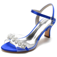Women's Peep Toe Ankle Strap Mid Heel Wedding Sandals with Pearls