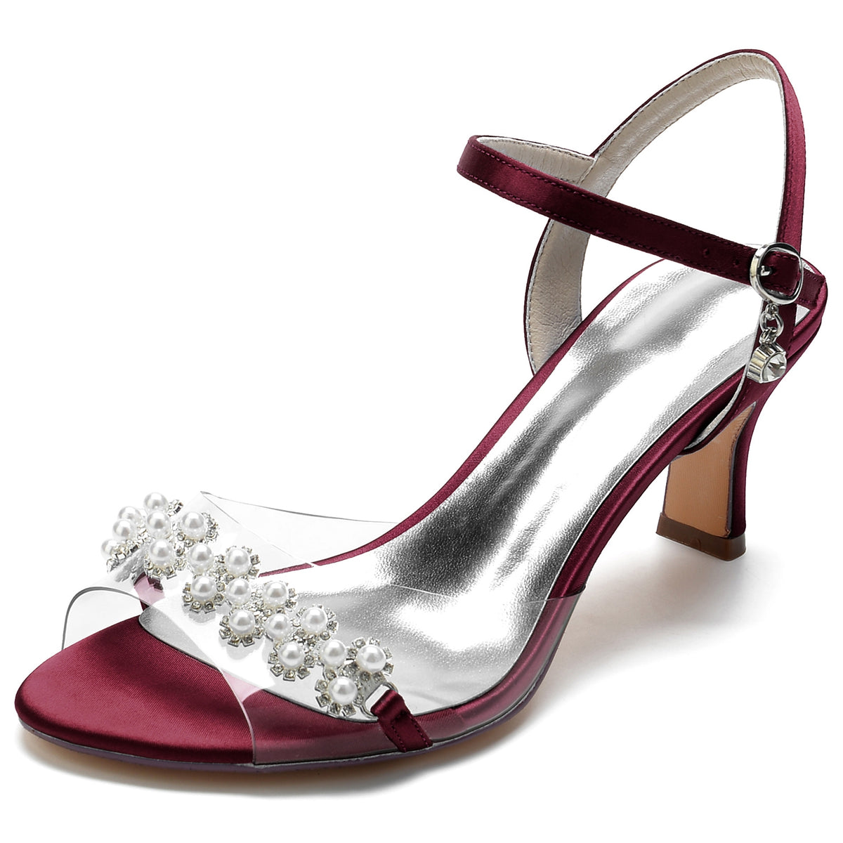 Women's Peep Toe Ankle Strap Mid Heel Wedding Sandals with Pearls