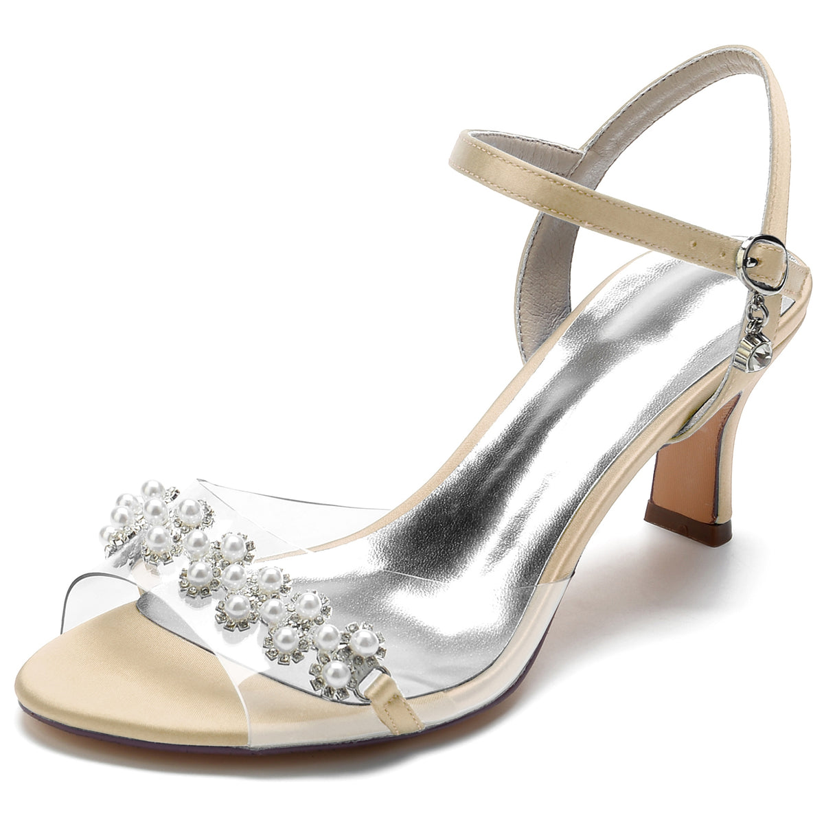 Women's Peep Toe Ankle Strap Mid Heel Wedding Sandals with Pearls