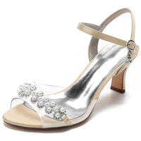 Women's Peep Toe Ankle Strap Mid Heel Wedding Sandals with Pearls