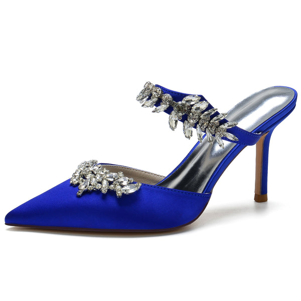 Women's Pointed Toes Luxury Ankle Band Wedding Mules with Rhinestones