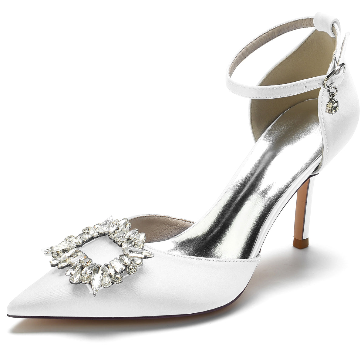 Women's Pointed Toe Ankle Straps Wedding Party Shoes with Square Rhinestones