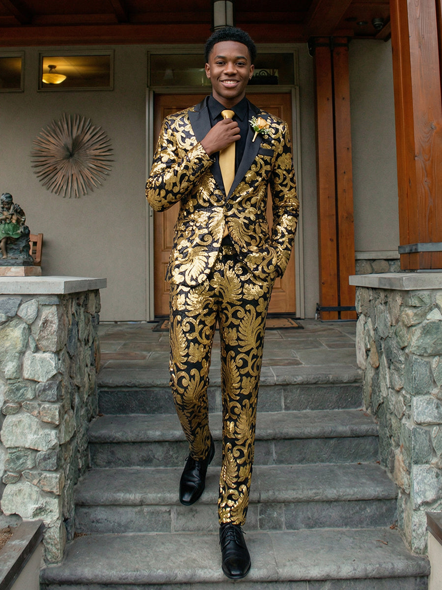 Men's Vintage Sequin 2 Pieces Single Breasted One Button Peak Lapel Wedding Prom Suits