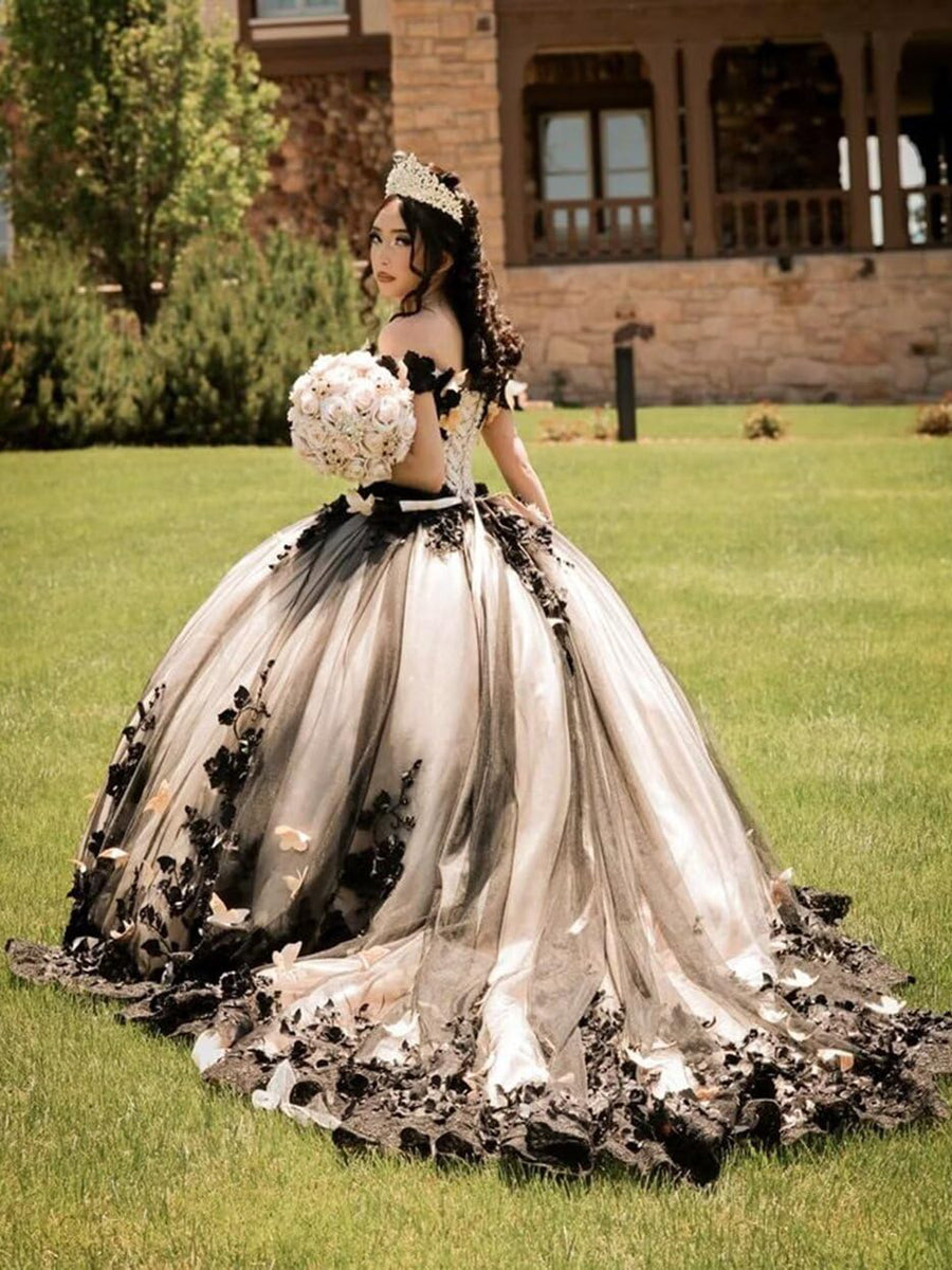 Ball Gowns Black White Lace Applique Princess Quinceanera Dress for 15th Birthday Princess Photoshoot