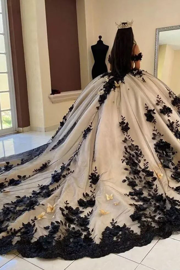 Ball Gowns Black White Lace Applique Princess Quinceanera Dress for 15th Birthday Princess Photoshoot