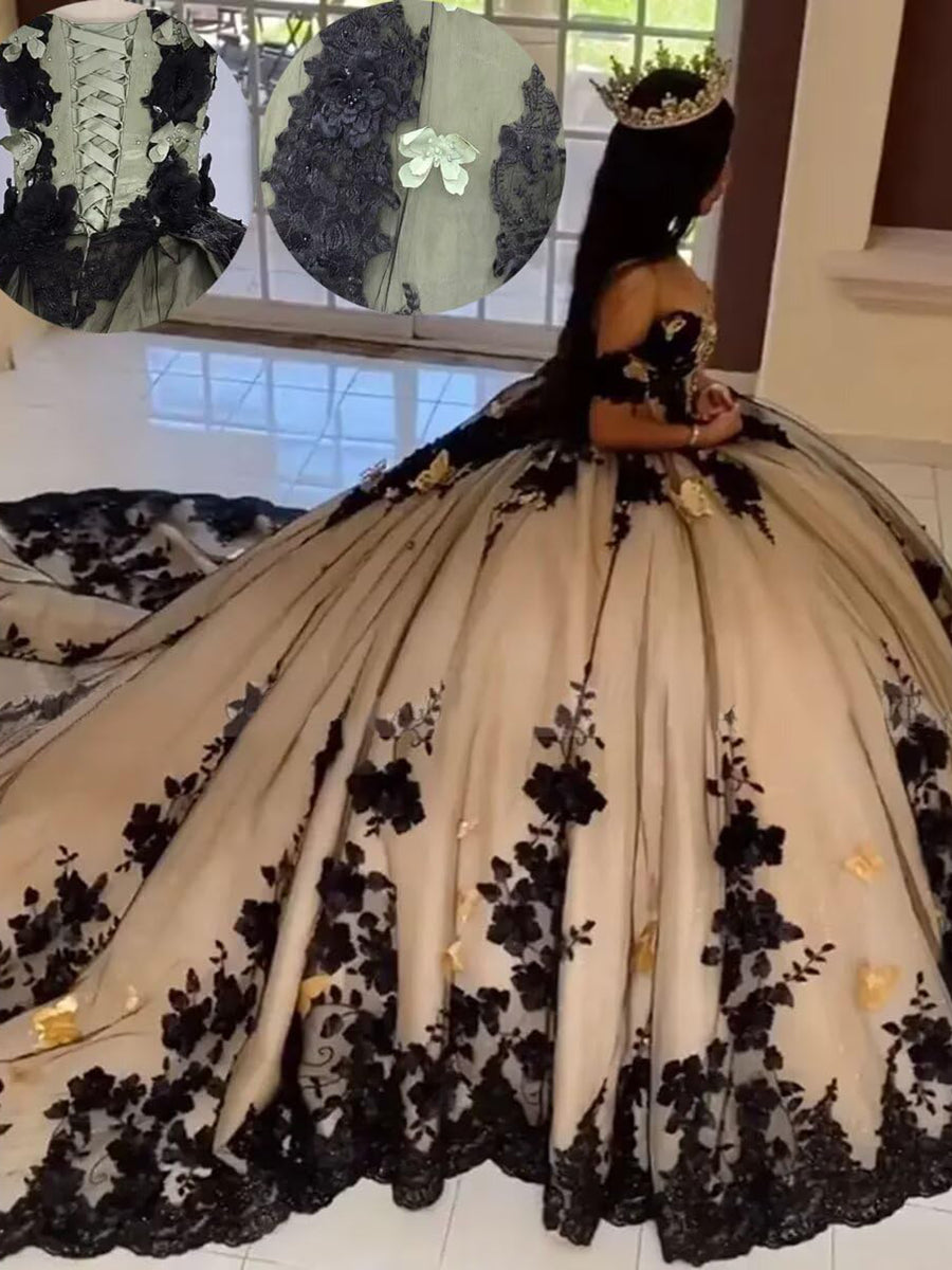Ball Gowns Black White Lace Applique Princess Quinceanera Dress for 15th Birthday Princess Photoshoot