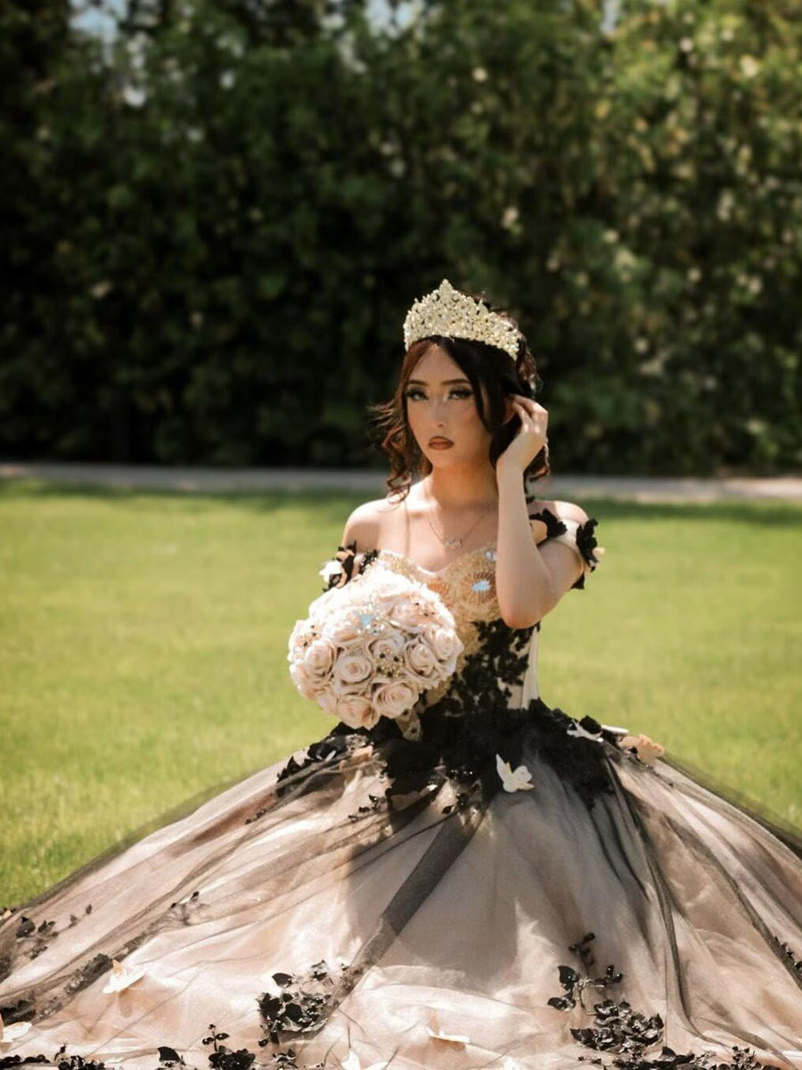 Ball Gowns Black White Lace Applique Princess Quinceanera Dress for 15th Birthday Princess Photoshoot