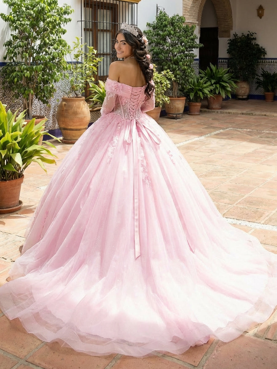 Sparkly Tulles Quinceanera Dress Long Sleeves Ball Gowns for Photoshoot for Princess Sweet 15
