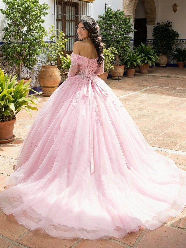 Sparkly Tulles Quinceanera Dress Long Sleeves Ball Gowns for Photoshoot for Princess Sweet 15