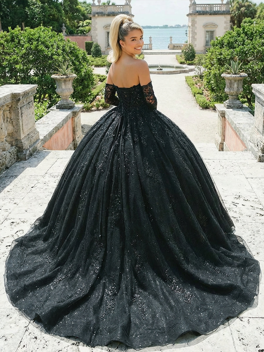 glitter quince dresses Shirees Black Quinceanera Dress Ball Gowns for Photoshoot for Princess Sweet 15 2026 blue quinceañera gown Color:Print trendy plus size clothing Appropriate for rehearsal dinner