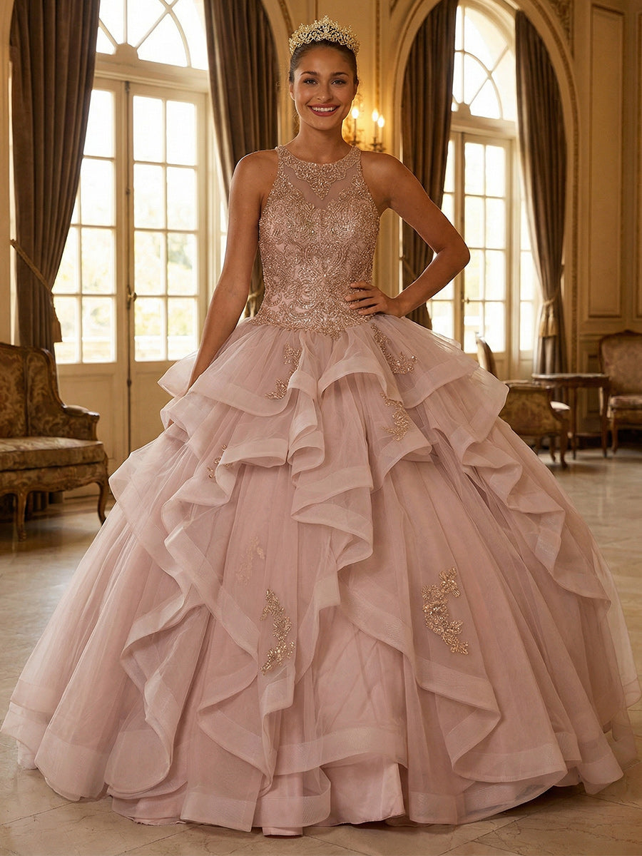 Round Neck Ball Gowns Tulles Ruffles Quinceanera Dresses Photoshoot for Sweet 15