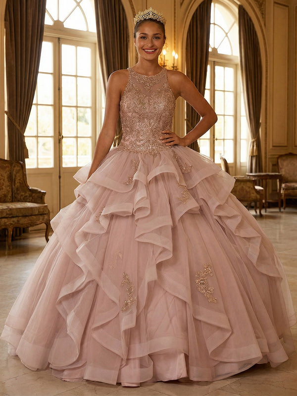 Round Neck Ball Gowns Tulles Ruffles Quinceanera Dresses Photoshoot for Sweet 15