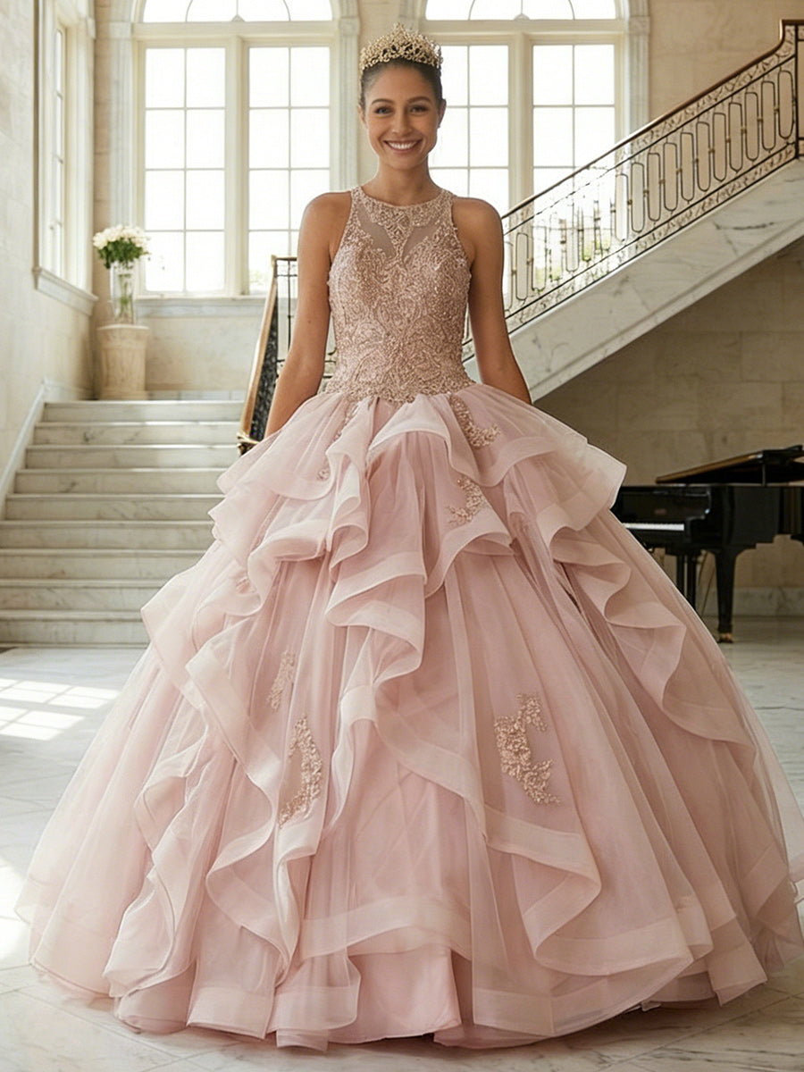 Round Neck Ball Gowns Tulles Ruffles Quinceanera Dresses Photoshoot for Sweet 15