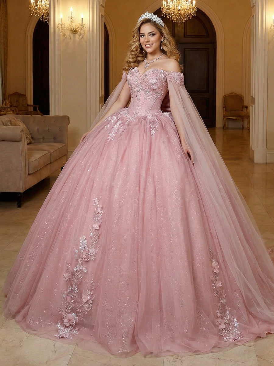 Shirees Pink Glitter Long Sleeves Quinceanera Dresses for Sweet 15 16 Ball Gowns Princess PhotoShoot 2026