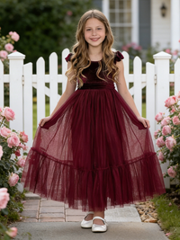 Girls Velvet Tulle Flower Girl Dress with Bow Back Formal Party Wedding Guest Gown