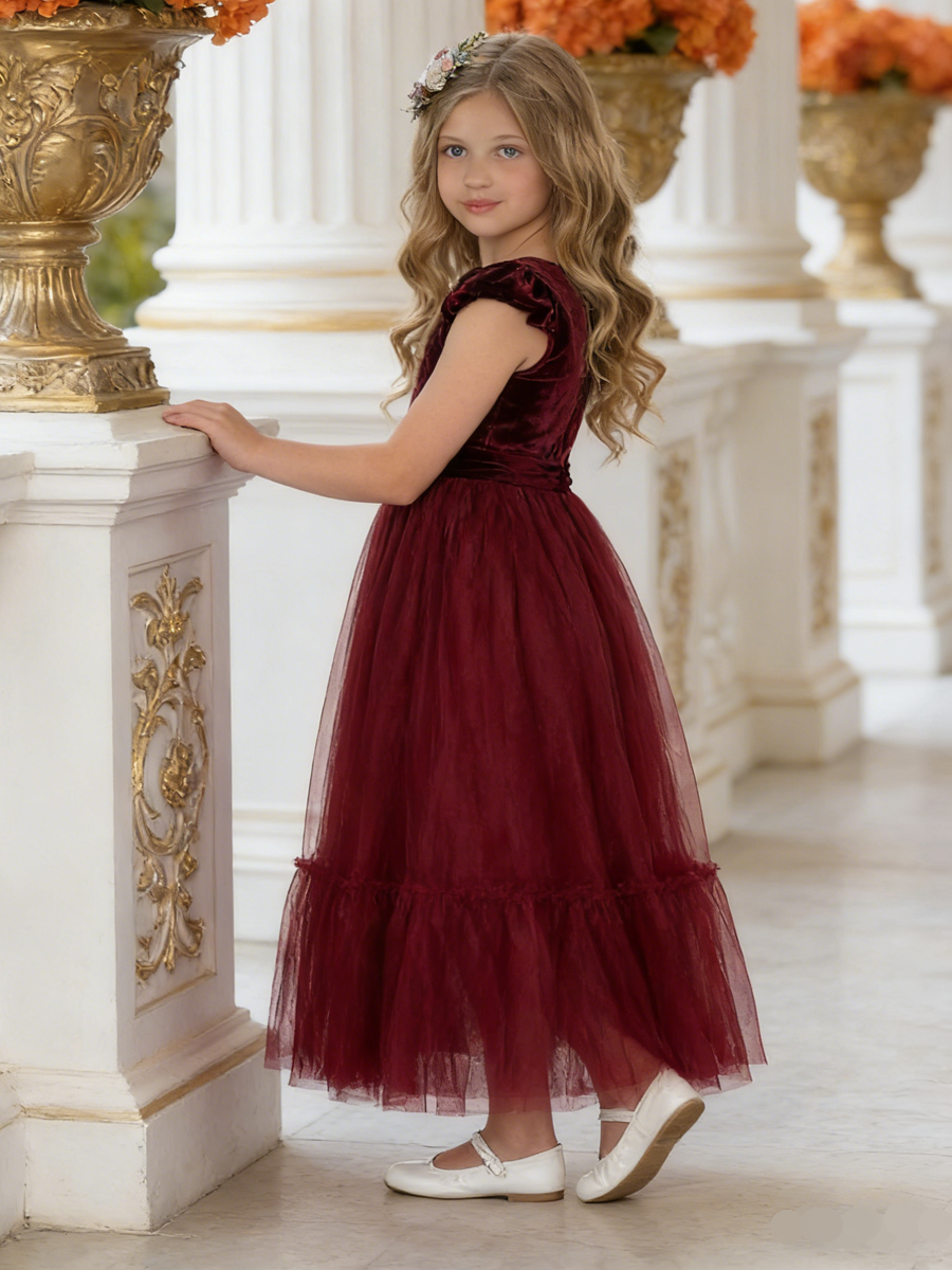 Girls Velvet Tulle Flower Girl Dress with Bow Back Formal Party Wedding Guest Gown