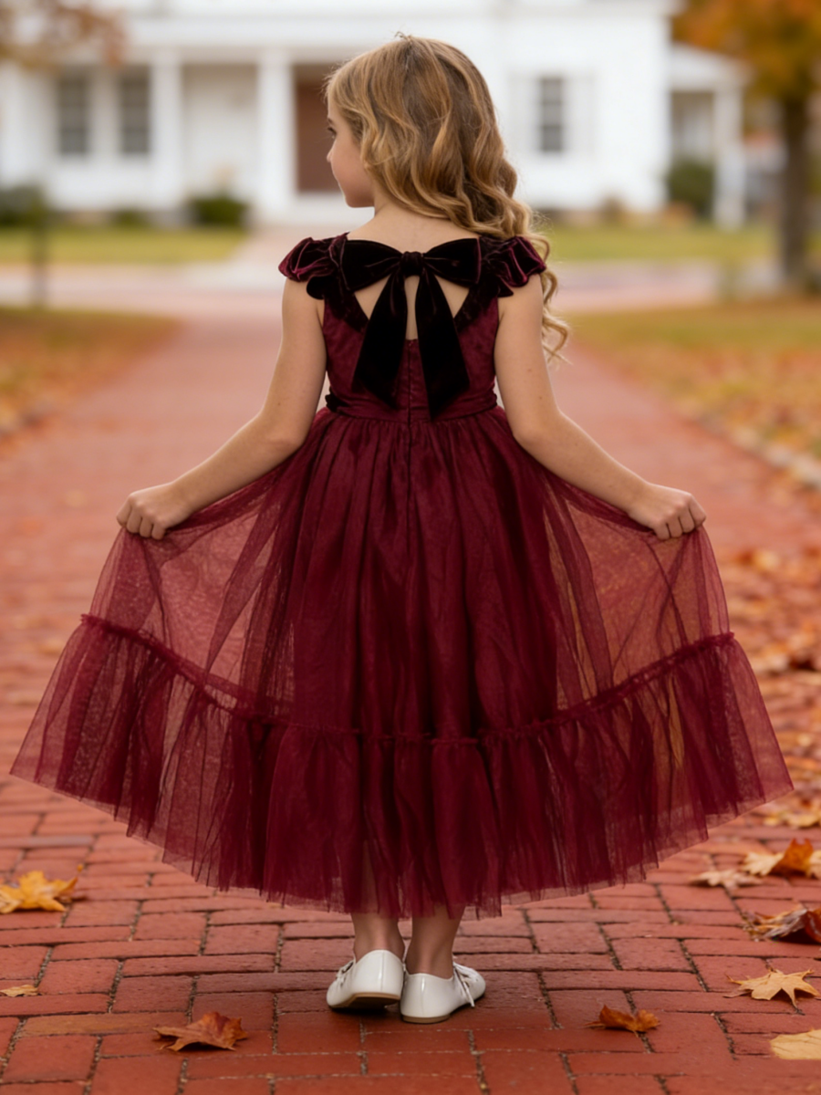 Girls Velvet Tulle Flower Girl Dress with Bow Back Formal Party Wedding Guest Gown