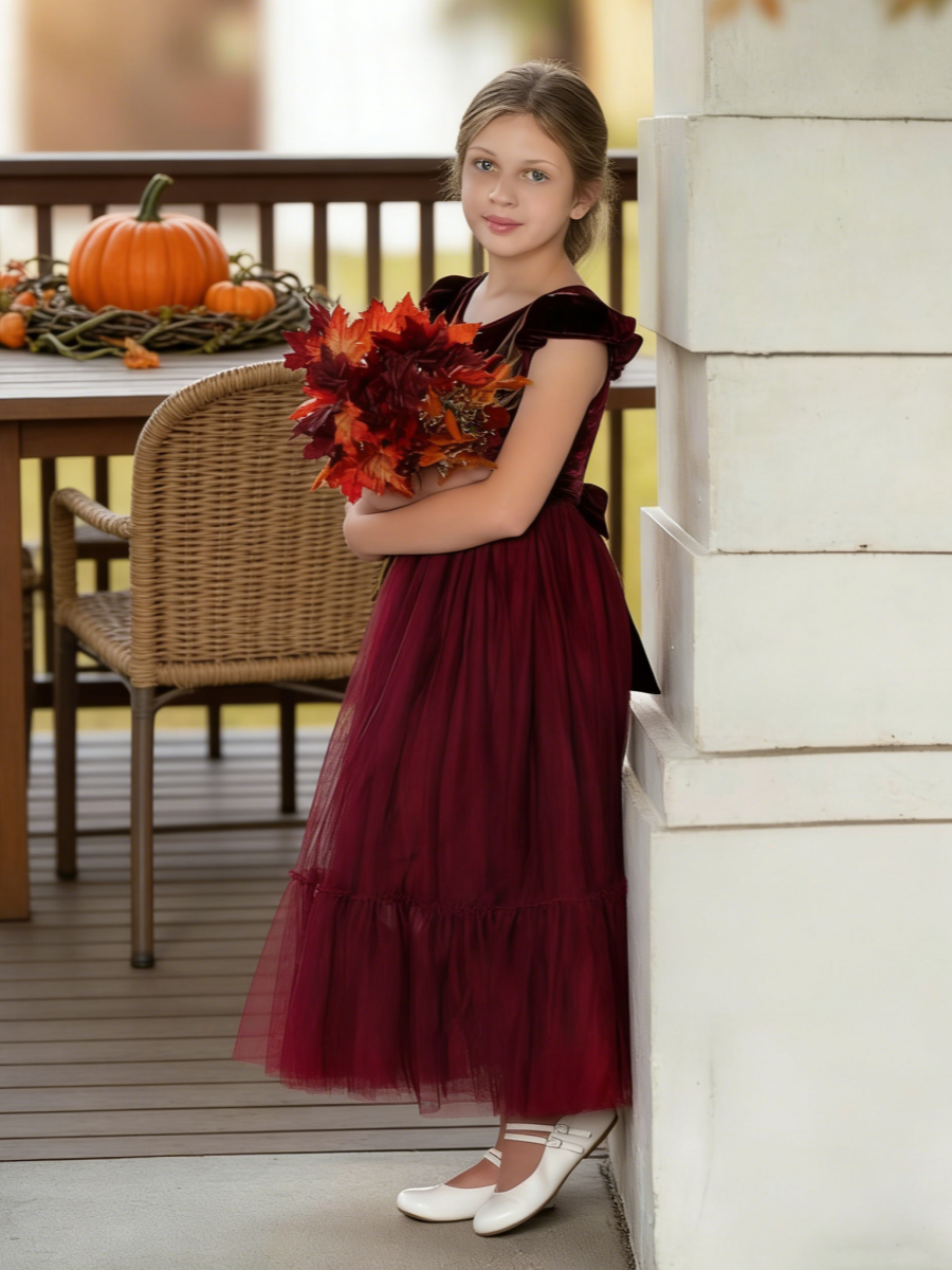 Girls Velvet Tulle Flower Girl Dress with Bow Back Formal Party Wedding Guest Gown