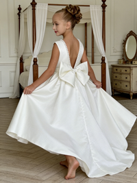 Girls Satin Flower Girl Dress with Pearl Accents Large Bow Back Wedding Pageant Formal First Communion Gowns