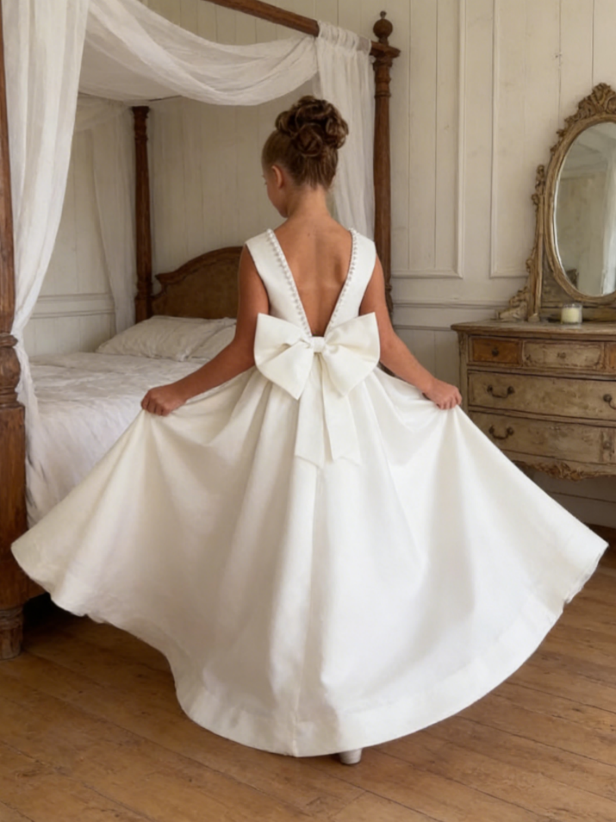 Girls Satin Flower Girl Dress with Pearl Accents Large Bow Back Wedding Pageant Formal First Communion Gowns