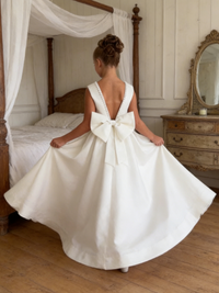 Girls Satin Flower Girl Dress with Pearl Accents Large Bow Back Wedding Pageant Formal First Communion Gowns