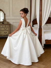 Girls Satin Flower Girl Dress with Pearl Accents Large Bow Back Wedding Pageant Formal First Communion Gowns