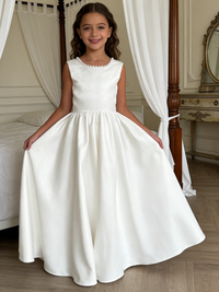 Girls Satin Flower Girl Dress with Pearl Accents Large Bow Back Wedding Pageant Formal First Communion Gowns