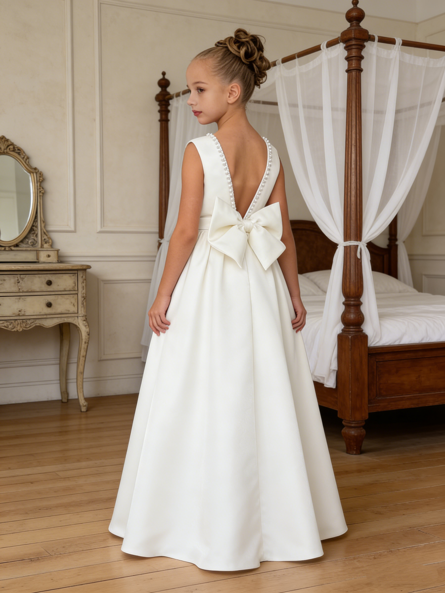 Girls Satin Flower Girl Dress with Pearl Accents Large Bow Back Wedding Pageant Formal First Communion Gowns