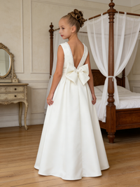 Girls Satin Flower Girl Dress with Pearl Accents Large Bow Back Wedding Pageant Formal First Communion Gowns