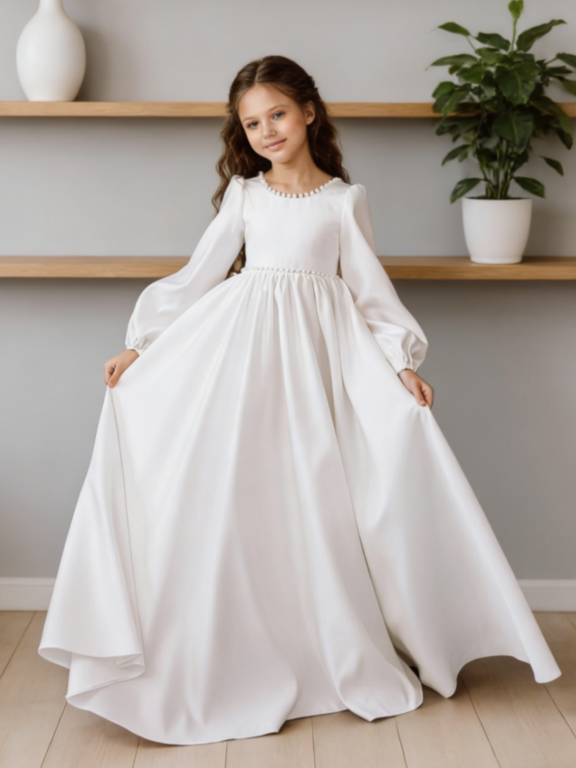 Girls Satin Long Sleeve Flower Girl Dress Pearl Trim Large Bow Back Wedding First Communion Formal Gown