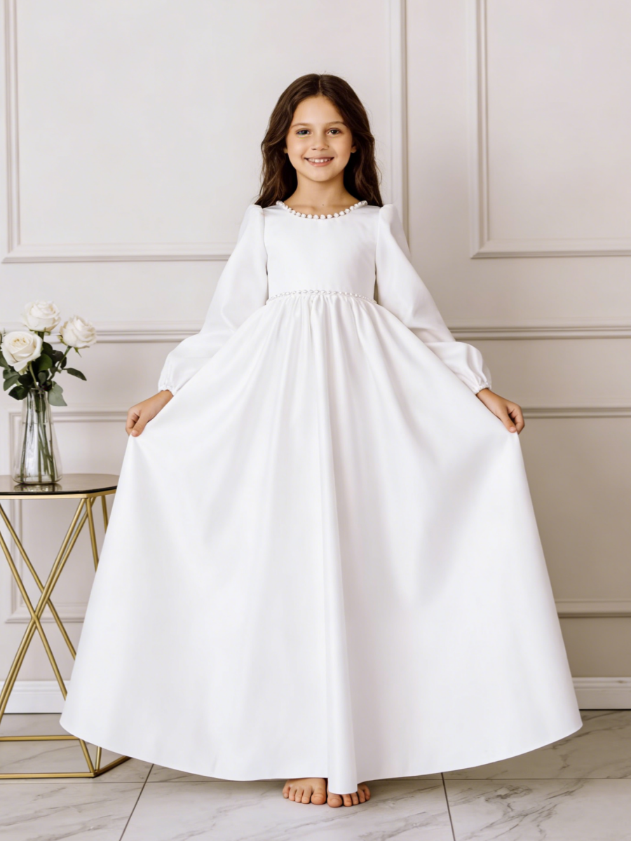 Girls Satin Long Sleeve Flower Girl Dress Pearl Trim Large Bow Back Wedding First Communion Formal Gown
