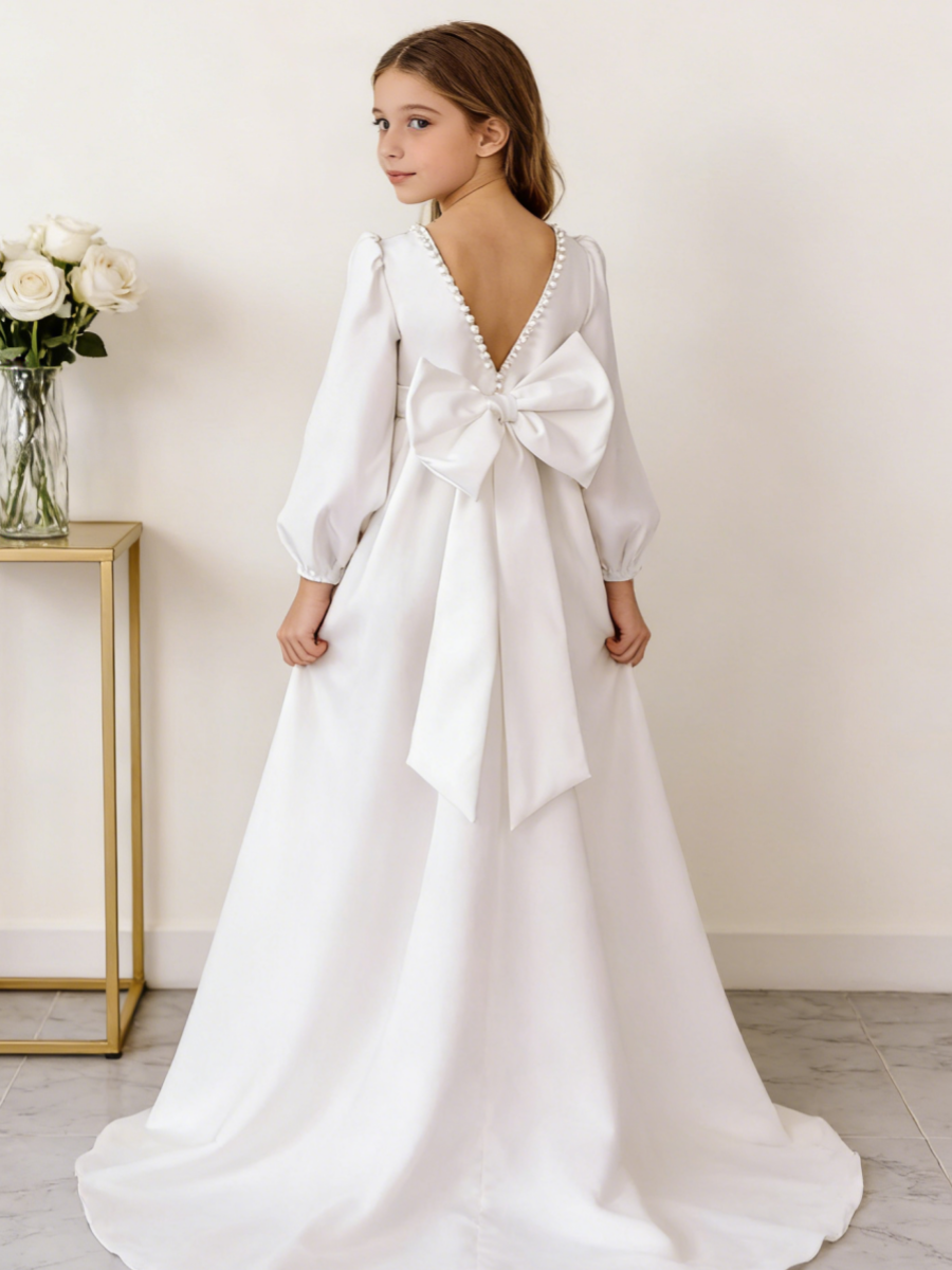 Girls Satin Long Sleeve Flower Girl Dress Pearl Trim Large Bow Back Wedding First Communion Formal Gown
