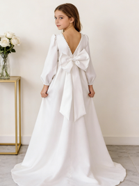 Girls Satin Long Sleeve Flower Girl Dress Pearl Trim Large Bow Back Wedding First Communion Formal Gown