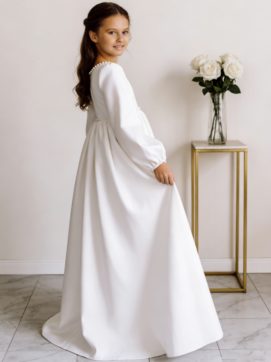Girls Satin Long Sleeve Flower Girl Dress Pearl Trim Large Bow Back Wedding First Communion Formal Gown