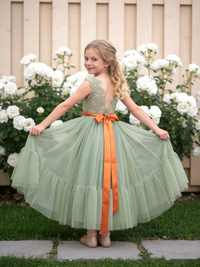 Girls Boho Tulle Flower Girl Dress Lace Bodice Bow Sash Wedding Party Formal Gown
