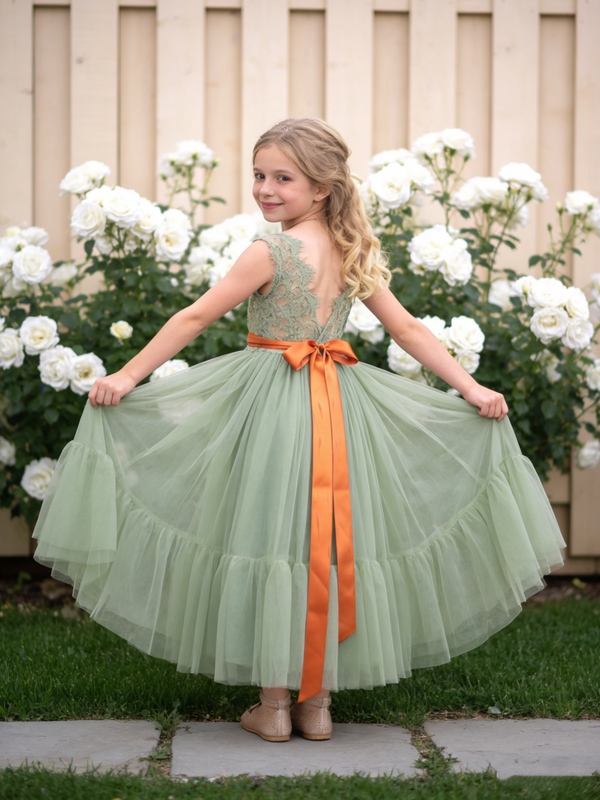 Girls Boho Tulle Flower Girl Dress Lace Bodice Bow Sash Wedding Party Formal Gown
