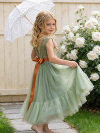 Girls Boho Tulle Flower Girl Dress Lace Bodice Bow Sash Wedding Party Formal Gown
