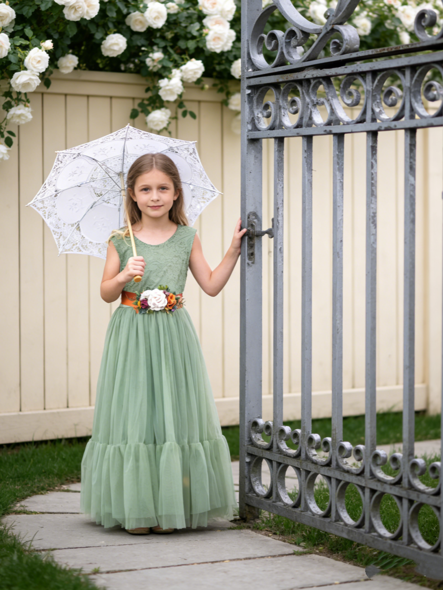 Girls Boho Tulle Flower Girl Dress Lace Bodice Bow Sash Wedding Party Formal Gown