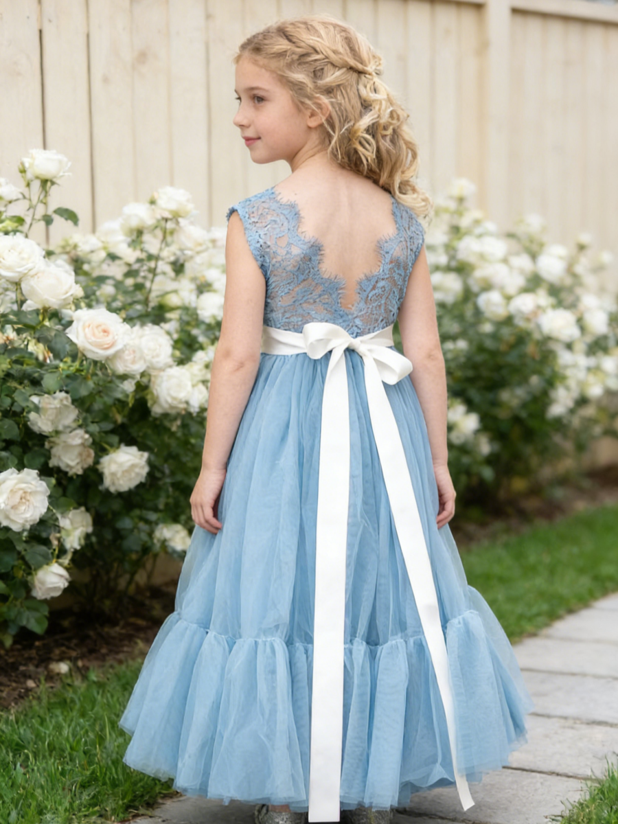 Girls Boho Tulle Flower Girl Dress Lace Bodice Bow Sash Wedding Party Formal Gown