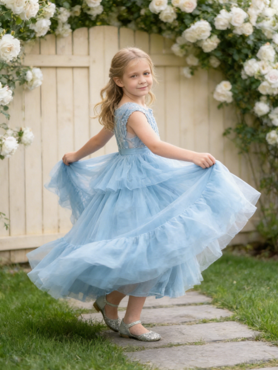 Girls Boho Tulle Flower Girl Dress Lace Bodice Bow Sash Wedding Party Formal Gown