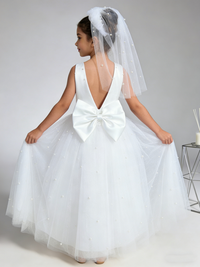 Girls Princess Flower Girl Dress Pearl Tulle Bodice Bow Back Wedding First Communion Gown